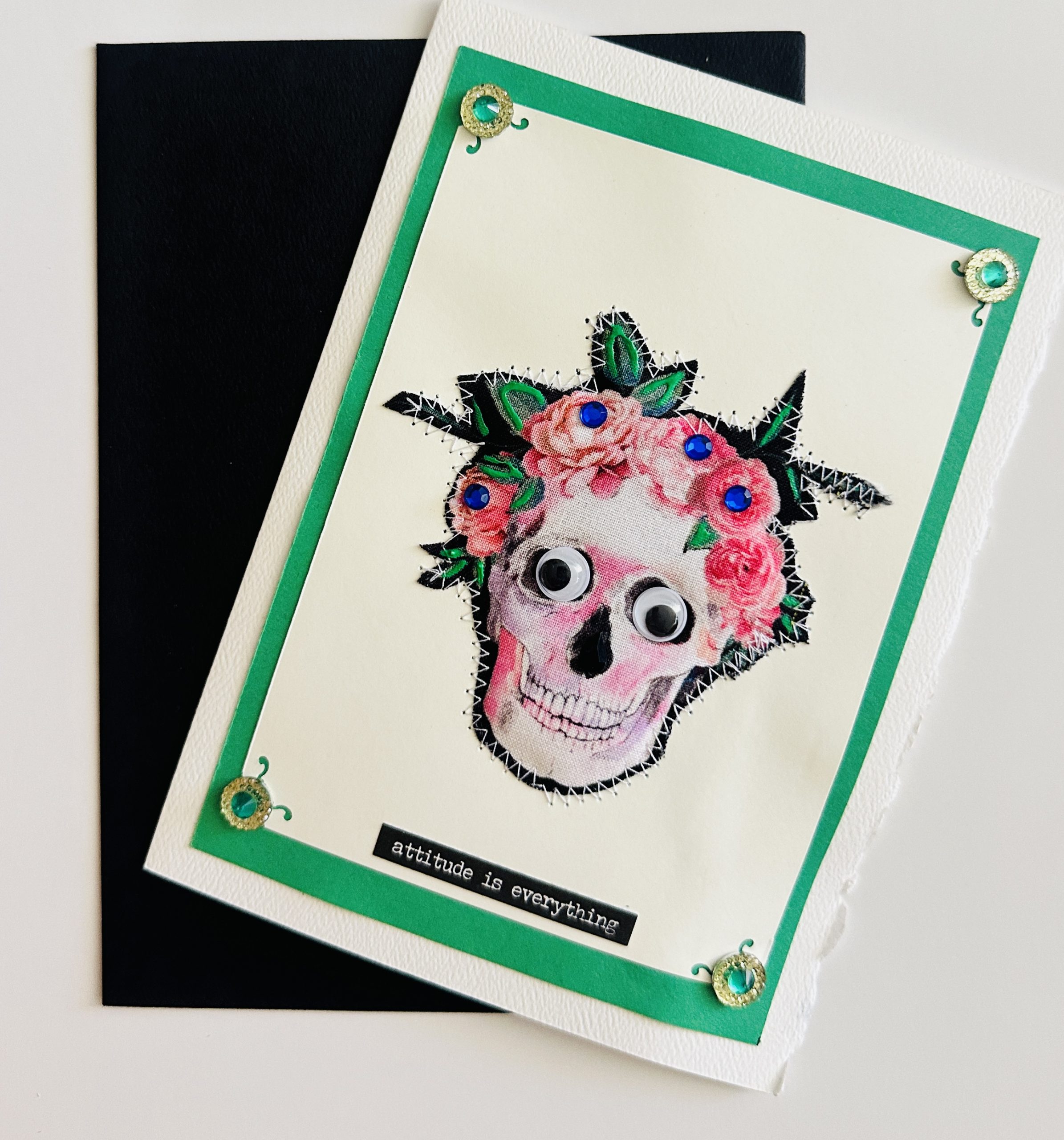 "Attitude Is Everything" Stitched Floral Skull Card