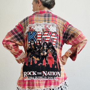 Upcycled KISS band flannel featuring 2004 Rock the Nation World Tour graphic, vibrant pink hand-bleached ombré, and wide ornate white lace hem.