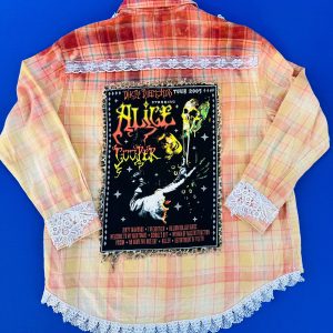 Upcycled Alice Cooper 2005 Dirty Diamonds tour flannel shirt featuring hand-bleached orange ombré effect and white vintage lace trim on the hem, cuffs, and back yoke.