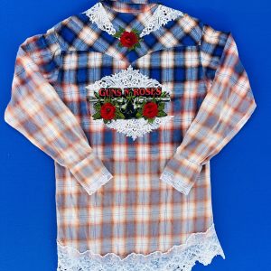 Upcycled Guns N' Roses flannel shirt with blue ombré, a lace-framed back patch, 3D red rose embroidery, and a scalloped vintage lace hem.