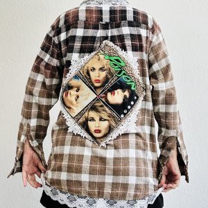 Upcycled Poison band flannel with a diamond-shaped back patch, leopard print trim, hand-bleached brown ombré, and vintage lace hem.