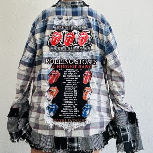 Upcycled Rolling Stones flannel shirt with A Bigger Bang tour back patches, vintage lace trim, and a multi-layered frayed hem and cuffs.