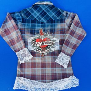 Upcycled Velvet Revolver flannel shirt with teal and blue bleached ombré, vintage white lace cuffs and hem, and a rock band back patch.
