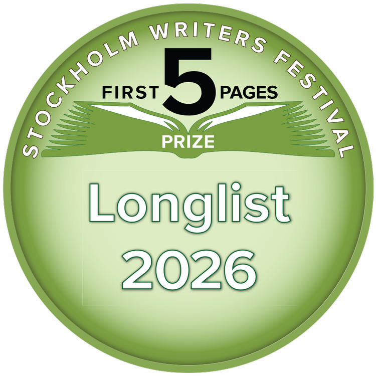 A digital medal badge from the Stockholm Writers Festival recognizing a longlisted entry for the First 5 Pages Prize.